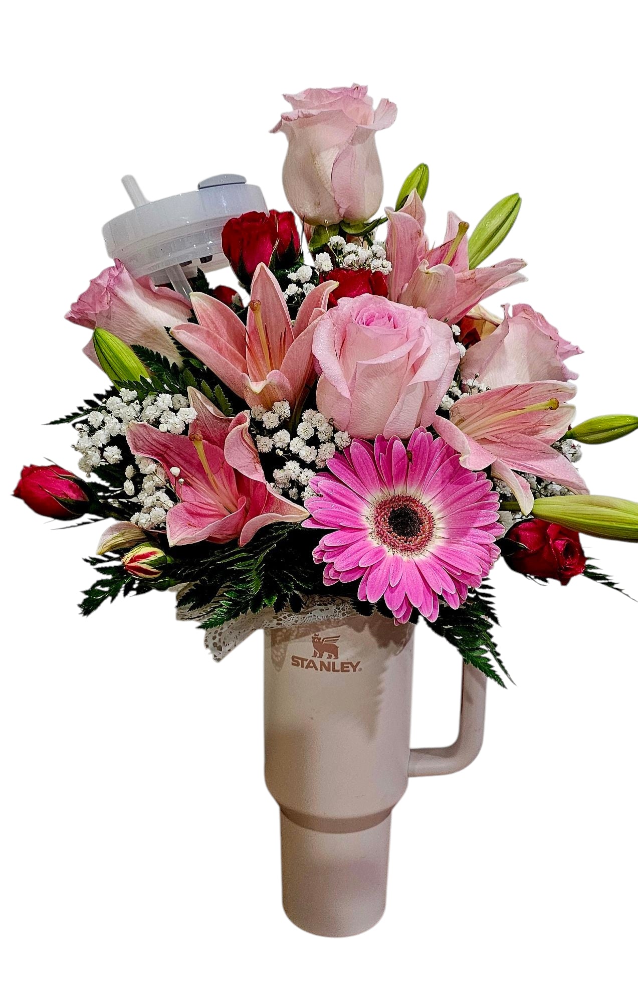 Blush Bloom of Pink Roses, Lilies & Gerberas Bouquet in a Stanley Cup
