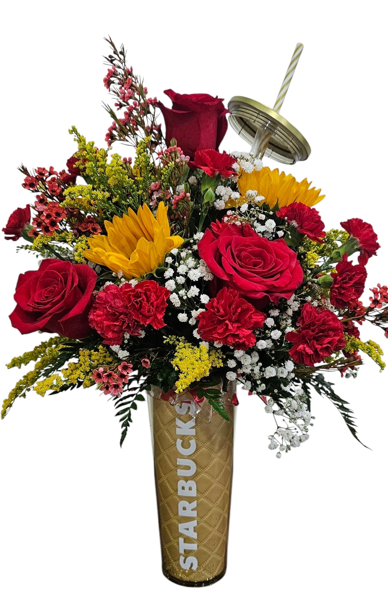 Bright Rose & Sunflower Bouquet in a Starbucks Tumbler Cup