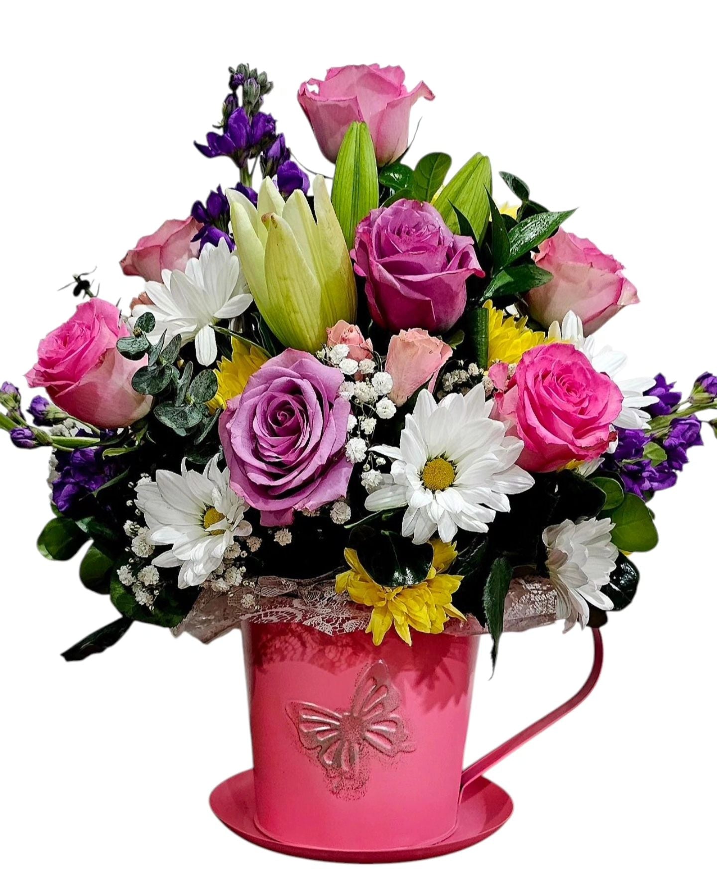 Mixed Bouquet in a TEA CUP featuring Roses, Daisies and Lilies