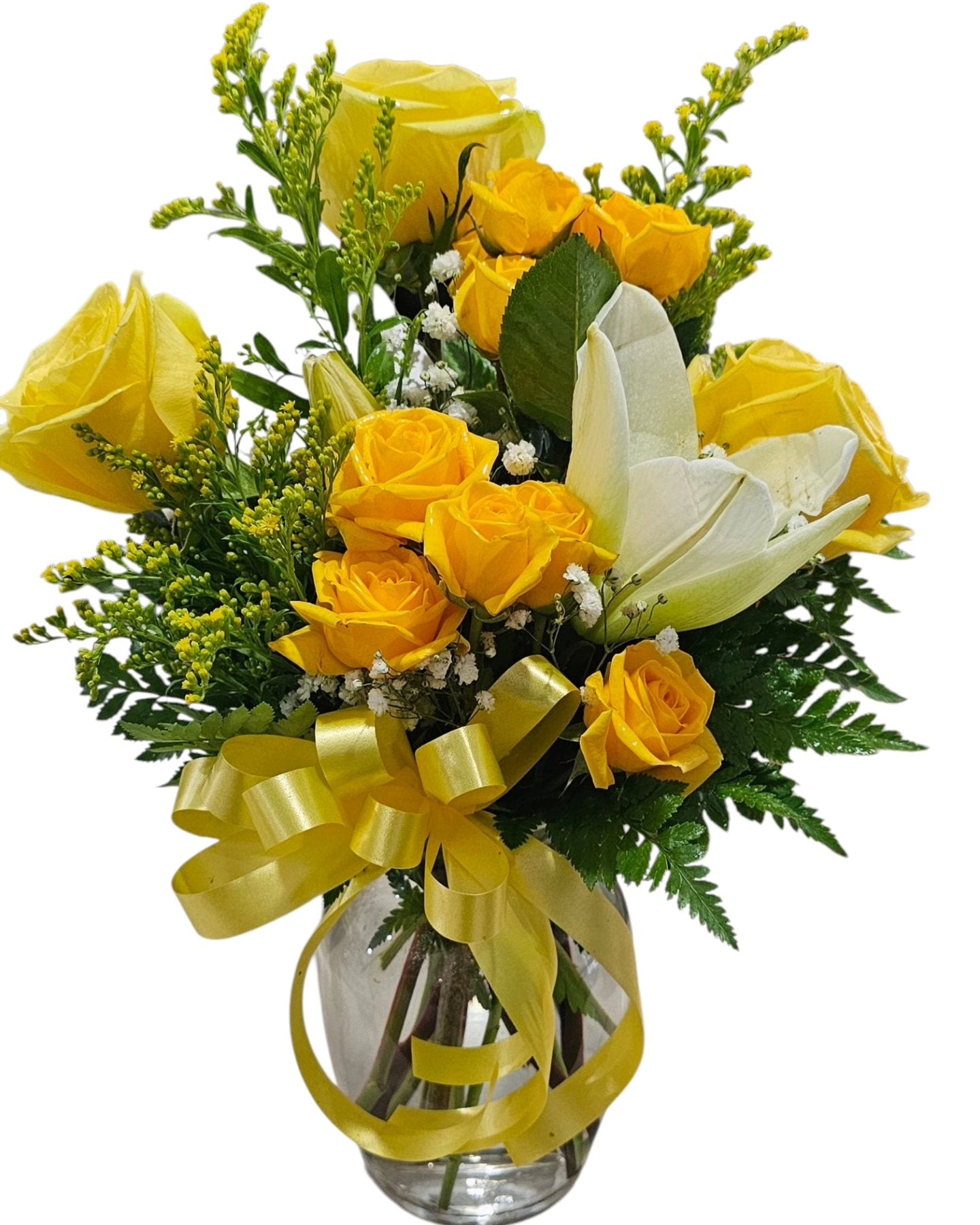Yellow Rose & Lily Bouquet in Glass Vase