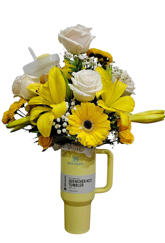 Yellow Daisy and Rose fresh bouquet in a Stanley Cup