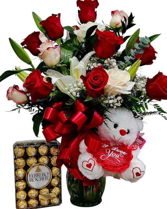 Red & White Rose Bouquet Gift Set with Teddy Bear and Ferrero Rocher Chocolates
