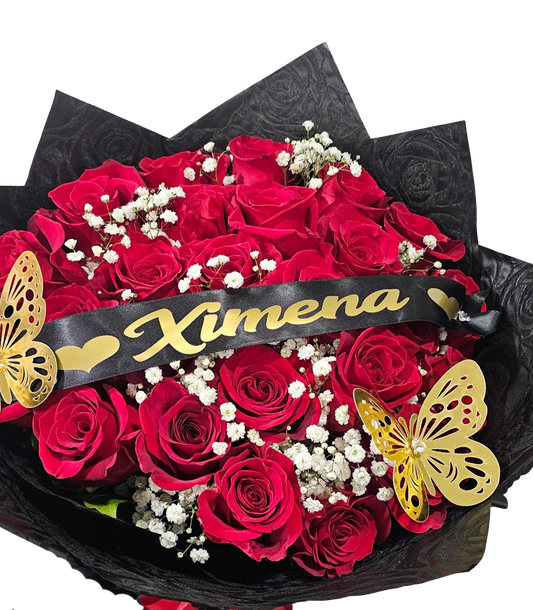 Two Dozen Luxury Red Roses with Custom Banner and Butterflies