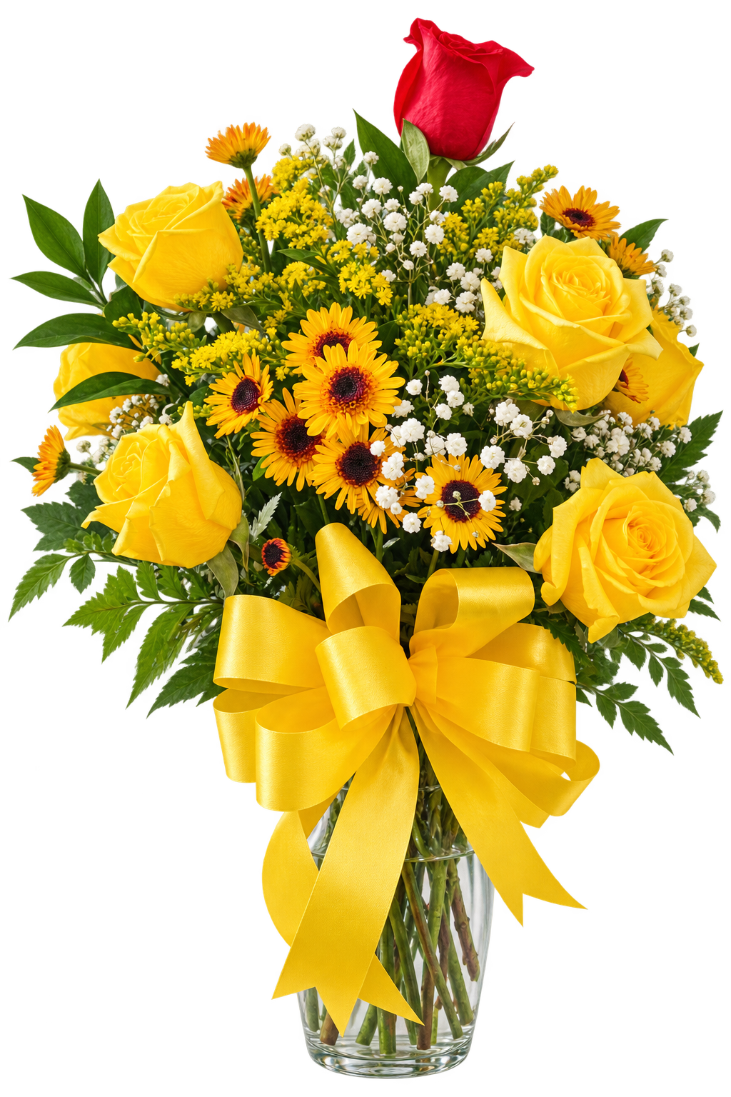 Golden Sunshine & Red Rose Glass Vase Arrangement