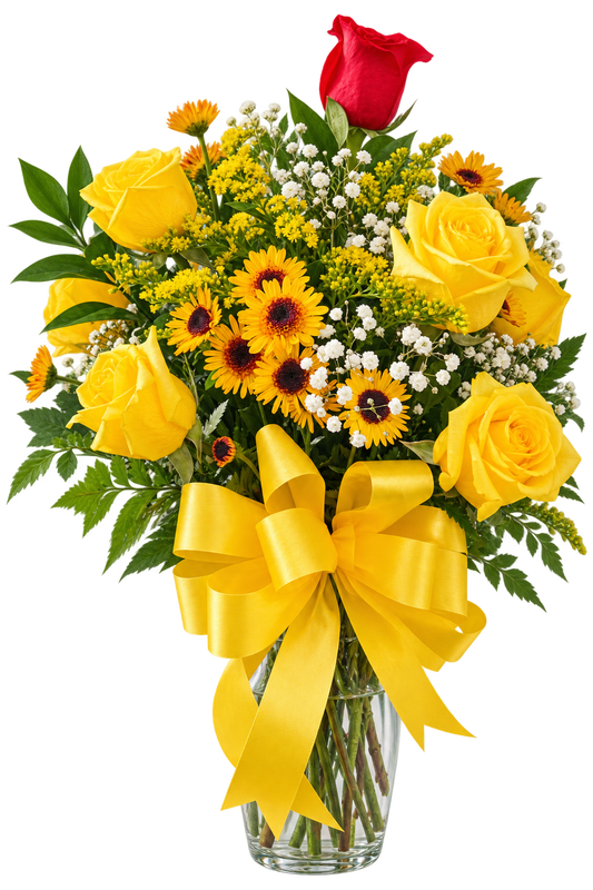 Golden Sunshine & Red Rose Glass Vase Arrangement